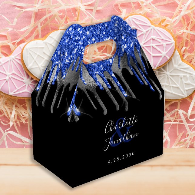 Elegant Blue Silver Black Glitter Drips Wedding Favour Box (Creator Uploaded)