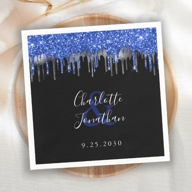 Elegant Blue Silver Black Glitter Drips Wedding Napkin (Creator Uploaded)