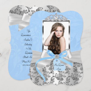 Elegant Blue Silver Bow Rose Photo Quinceanera 1 Invitation