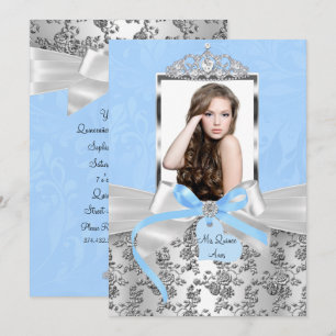 Elegant Blue Silver Bow & Rose Photo Quinceanera Invitation