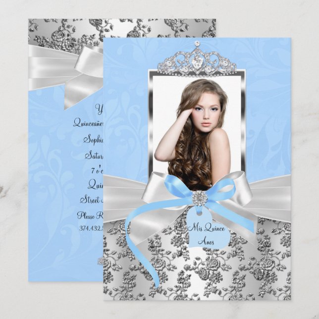 Elegant Blue Silver Bow & Rose Photo Quinceanera Invitation (Front/Back)