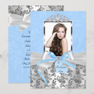 Elegant Blue Silver Bow & Rose Photo Quinceanera Invitation