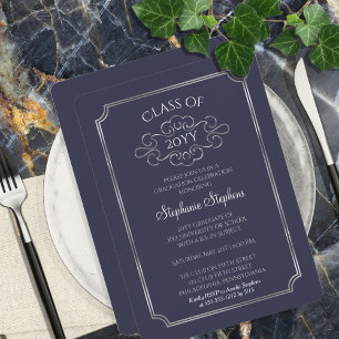 Elegant Blue Silver College Graduation Party Invitation
