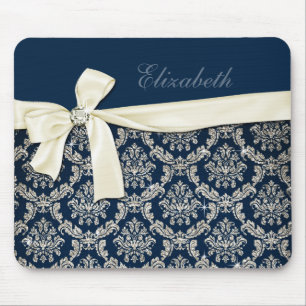 Elegant Blue Silver Damask Diamond Bow Monogrammed Mouse Pad