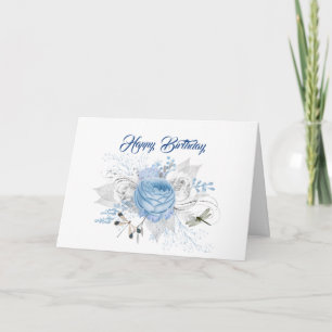 Elegant Blue Silver Dragonfly Floral Birthday Card