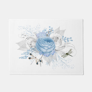 Elegant Blue Silver Dragonfly Floral Doormat