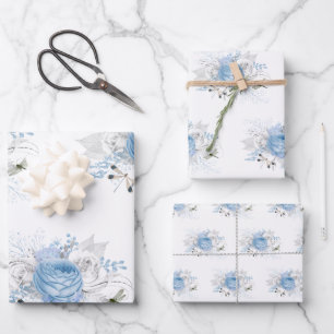 Elegant Blue Silver Dragonfly Floral Wrapping Paper Sheet