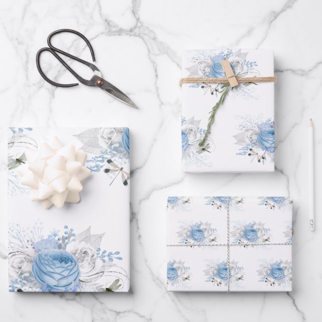 Elegant Blue Silver Dragonfly Floral Wrapping Paper Sheet (Front)