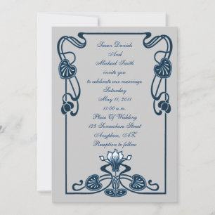 Elegant Blue Silver Floral Swirls Wedding  Invitation