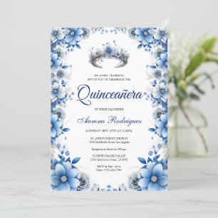 Elegant Blue & Silver Floral Tiara Quinceañera Invitation