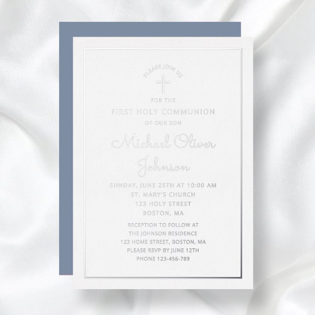 Elegant Blue Silver Foil Script First Communion  (Elegant Blue Silver Foil Script First Communion Foil Invitation)