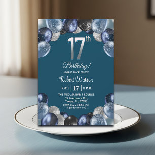 Elegant Blue Silver Glitter 17th Birthday Party Invitation