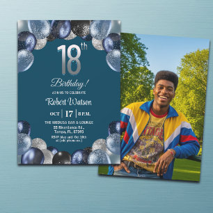 Elegant Blue Silver Glitter 18th Birthday Photo Invitation