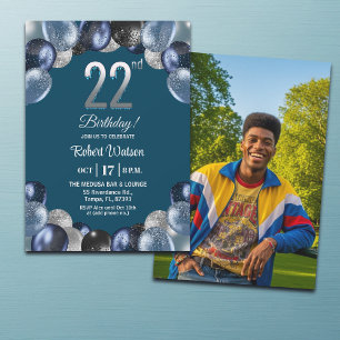 Elegant Blue Silver Glitter 22nd Birthday Photo Invitation