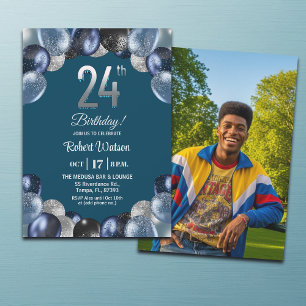 Elegant Blue Silver Glitter 24th Birthday Photo Invitation