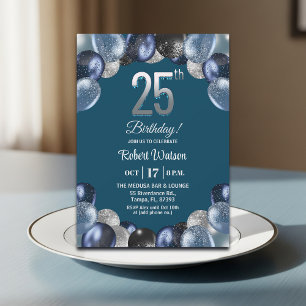 Elegant Blue Silver Glitter 25th Birthday Party Invitation