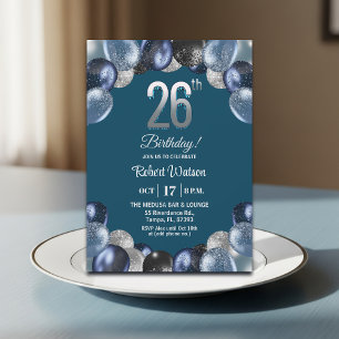 Elegant Blue Silver Glitter 26th Birthday Party Invitation
