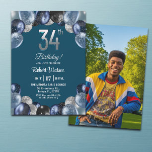 Elegant Blue Silver Glitter 34th Birthday Photo Invitation