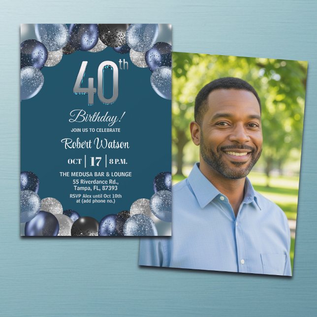 Elegant Blue Silver Glitter 40th Birthday Photo Invitation (Creator Uploaded)