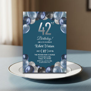 Elegant Blue Silver Glitter 42nd Birthday Party Invitation