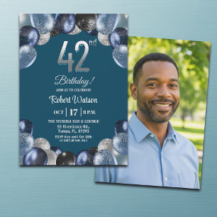 Elegant Blue Silver Glitter 42nd Birthday Photo Invitation