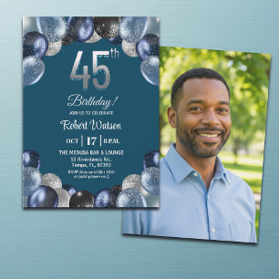 Elegant Blue Silver Glitter 45th Birthday Photo Invitation
