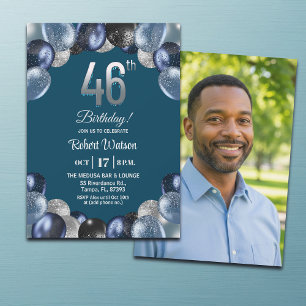 Elegant Blue Silver Glitter 46th Birthday Photo Invitation