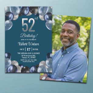 Elegant Blue Silver Glitter 52nd Birthday Photo Invitation