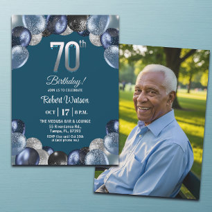 Elegant Blue Silver Glitter 70th Birthday Photo Invitation
