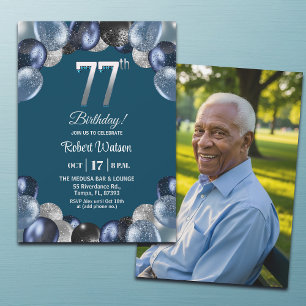 Elegant Blue Silver Glitter 77th Birthday Photo Invitation
