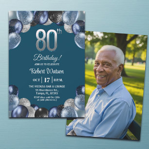 Elegant Blue Silver Glitter 80th Birthday Photo Invitation