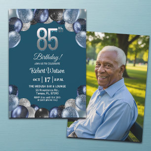 Elegant Blue Silver Glitter 85th Birthday Photo Invitation