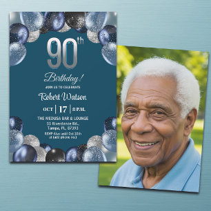 Elegant Blue Silver Glitter 90th Birthday Photo Invitation