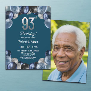 Elegant Blue Silver Glitter 93rd Birthday Photo Invitation