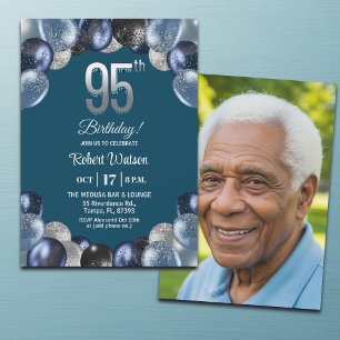 Elegant Blue Silver Glitter 95th Birthday Photo Invitation
