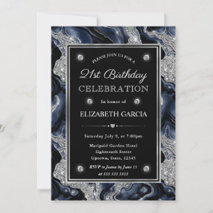 Elegant Blue & Silver Glitter Agate 21st Birthday Invitation