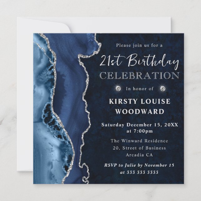 Elegant Blue & Silver Glitter Agate 21st Birthday Invitation (Front)