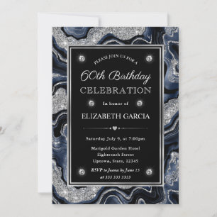 Elegant blue & Silver Glitter Agate 60th Birthday Invitation