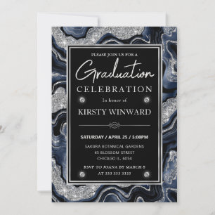 Elegant Blue & Silver Glitter Agate Graduation Invitation