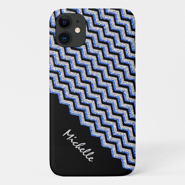 Elegant Blue Silver Glitter Chevron Personalised Case-Mate iPhone Case (Back)