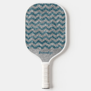 Elegant Blue Silver Glitter Chevron Zig Zag Pickleball Paddle