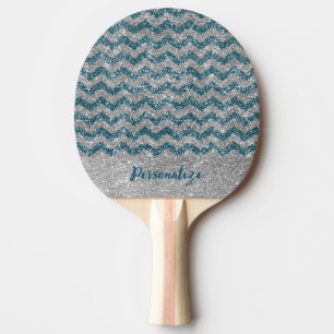 Elegant  Blue Silver Glitter Chevron Zig Zag Ping Pong Paddle