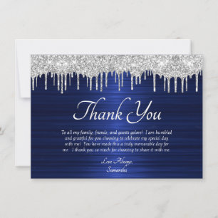 Elegant Blue Silver Glitter Drip Birthday Thank You Card