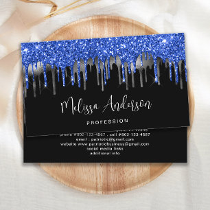 Elegant Blue Silver Glitter Drips Black Modern  Business Card