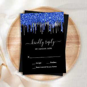 Elegant Blue Silver Glitter Drips Wedding RSVP Card