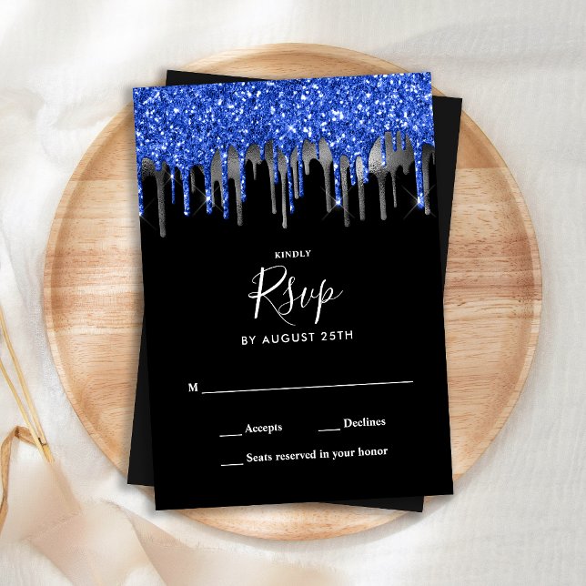 Elegant Blue Silver Glitter Drips Wedding RSVP Card (Creator Uploaded)