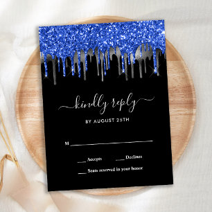 Elegant Blue Silver Glitter Drips Wedding RSVP Invitation Postcard