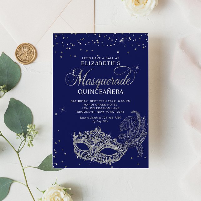Elegant Blue Silver Glitter Masquerade Quinceañera Invitation (Creator Uploaded)