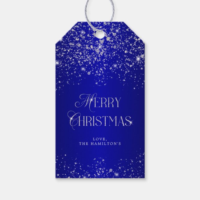 Elegant Blue Silver Glitter Merry Christmas Gift Tags (Front)