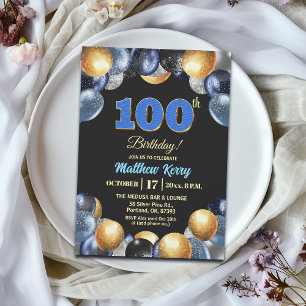 Elegant Blue Silver Gold 100th Birthday Party Invitation